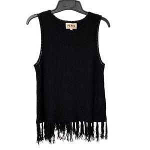 Anthropologie Pepin Crochet Fringe Knit Black Sleeveless Top